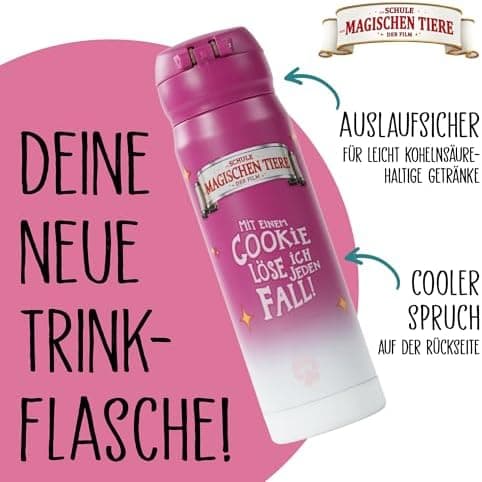 AWAVE Schule Magische Tiere Trinkflasche Kinder Edelstahl 380ml Blau Kohlensäure geeignet Thermosflasche Juri Einhandöff