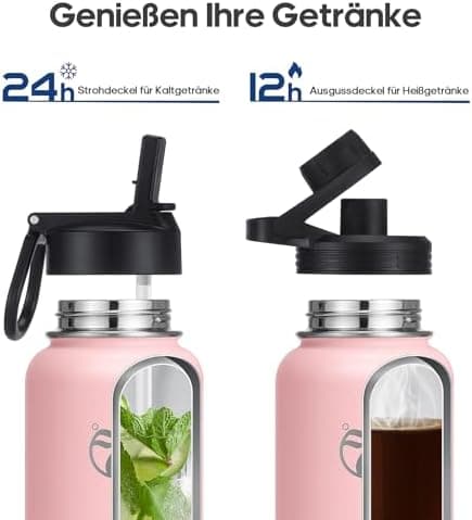 HydroPal Edelstahl Trinkflasche - Isolierte Flasche mit Strohhalm & 2 Deckeln, Auslaufsichere Isolierung für Sport, 500m