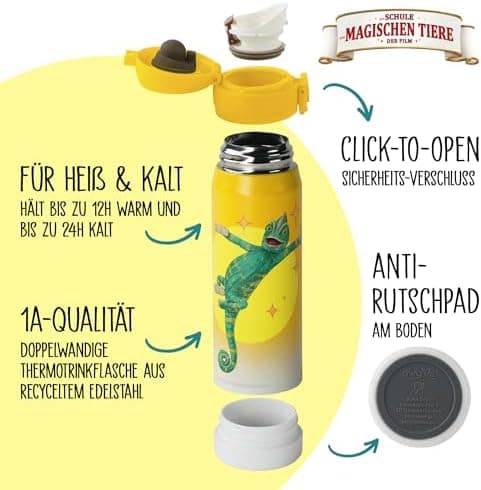 AWAVE Schule Magische Tiere Trinkflasche Kinder Edelstahl 380ml Blau Kohlensäure geeignet Thermosflasche Juri Einhandöff