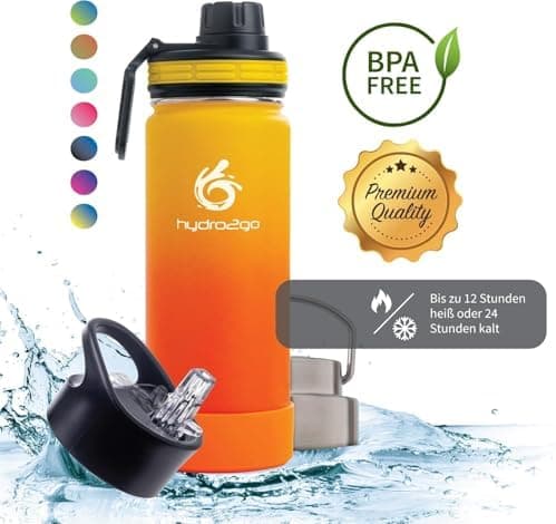 hydro2go Edelstahl Trinkflasche Mit Strohhalm, Bpa-Frei, Isolierflasche Für Kinder, Sport & Outdoor, 12h Heiß 24h Kalt H