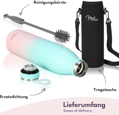 Milu Edelstahl Trinkflasche für Erwachsene – 750ml Isolierflasche zum Tragen – auslaufsicher, Kohlensäuregerecht inkl. R