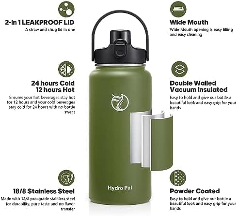 HydroPal Trinkflasche Edelstahl - 1900ml mit Henkel für Fitness, BPA-Frei, flasche Metall, Aesthetic trinkflasche Mitter