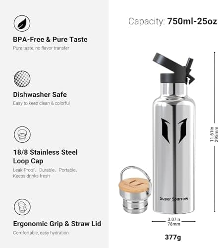 Super Sparrow Trinkflasche Edelstahl - Auslaufsicher Thermoskanne - Kinder für Sprudel, Sport, Schule, Fitness - 500ml -