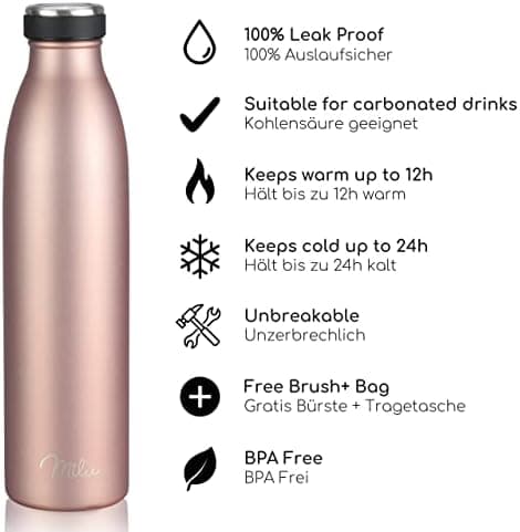 Milu Edelstahl Trinkflasche für Erwachsene – 750ml Isolierflasche zum Tragen – auslaufsicher, Kohlensäuregerecht inkl. R