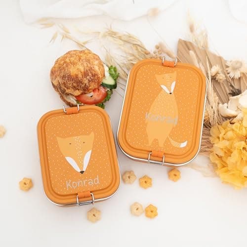 Wunderwunsch TRIXIE Edelstahl Lunchbox für Kinder, individuell mit deinem Namen persönliche Fuchslunchbox, perfekt zur E