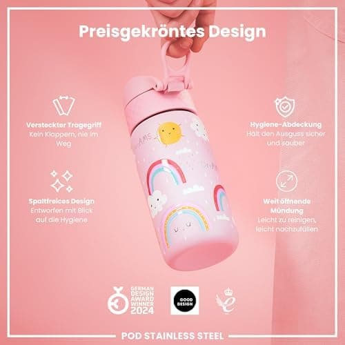 ION8 Kinder Trinkflasche Edelstahl Leicht 400ml Spülmaschinenfest Sichere Verriegelung