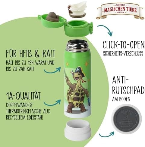 AWAVE Schule Magische Tiere Trinkflasche Kinder Edelstahl 380ml Blau Kohlensäure geeignet Thermosflasche Juri Einhandöff