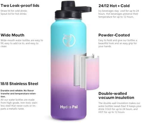 HydroPal Edelstahl Trinkflasche - Isolierte Flasche mit Strohhalm & 2 Deckeln, Auslaufsichere Isolierung für Sport, 500m