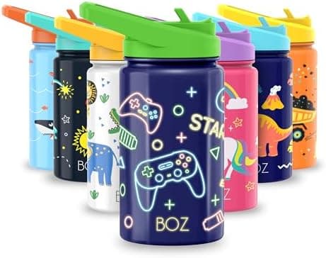 BOZ Isolierte Wasserflasche für Kinder | Edelstahl, doppelwandig, 414 ml | Praktisch und bequem mit Strohhalm-Deckel