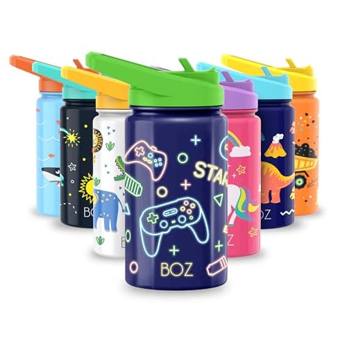BOZ Isolierte Wasserflasche für Kinder | Edelstahl, doppelwandig, 414 ml | Praktisch und bequem mit Strohhalm-Deckel