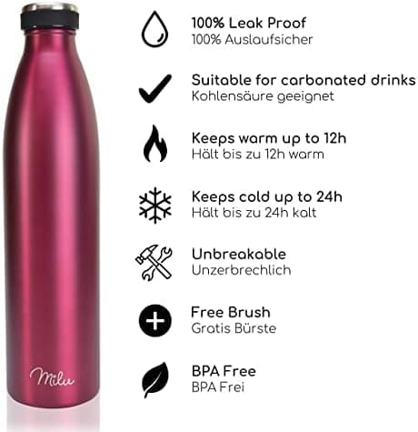 Milu Edelstahl Trinkflasche für Erwachsene – 750ml Isolierflasche zum Tragen – auslaufsicher, Kohlensäuregerecht inkl. R