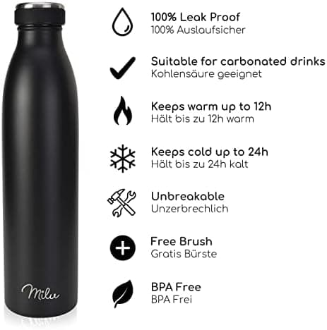 Milu Edelstahl Trinkflasche für Erwachsene – 750ml Isolierflasche zum Tragen – auslaufsicher, Kohlensäuregerecht inkl. R