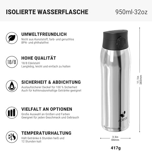AORIN Trinkflasche Edelstahl 18/8, 500ml, BPA-Frei, Doppelwandig Isolierflasche für Sport, Schule und Outdooraktivitäten