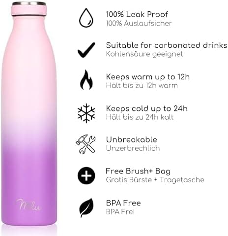 Milu Edelstahl Trinkflasche für Erwachsene – 750ml Isolierflasche zum Tragen – auslaufsicher, Kohlensäuregerecht inkl. R
