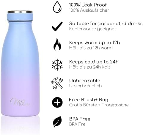 Milu Edelstahl Trinkflasche für Erwachsene – 750ml Isolierflasche zum Tragen – auslaufsicher, Kohlensäuregerecht inkl. R