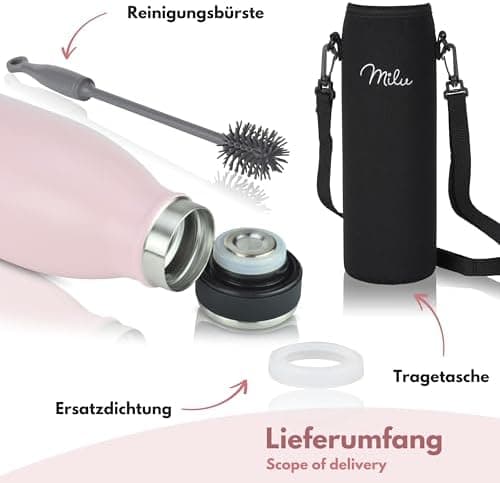 Milu Edelstahl Trinkflasche für Erwachsene – 750ml Isolierflasche zum Tragen – auslaufsicher, Kohlensäuregerecht inkl. R
