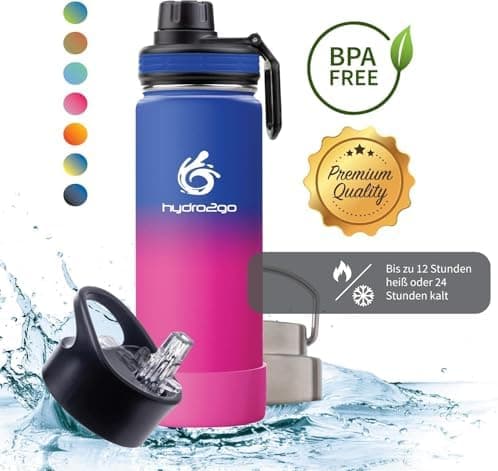 hydro2go Edelstahl Trinkflasche Mit Strohhalm, Bpa-Frei, Isolierflasche Für Kinder, Sport & Outdoor, 12h Heiß 24h Kalt H