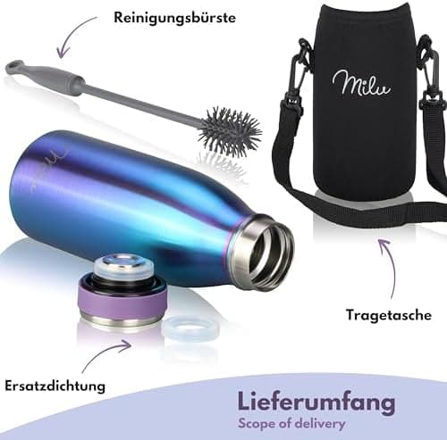 Milu Edelstahl Trinkflasche für Erwachsene – 750ml Isolierflasche zum Tragen – auslaufsicher, Kohlensäuregerecht inkl. R