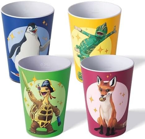 AWAVE Kinder Tasse Set | 4-teilig | 250 ml rPET Henkelbecher | Fuchs Rabbat Pinguin Juri Schildkröte Henrietta Chamäleon
