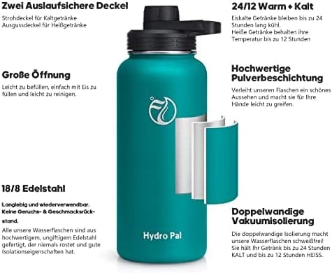 HydroPal Edelstahl Trinkflasche - Isolierte Flasche mit Strohhalm & 2 Deckeln, Auslaufsichere Isolierung für Sport, 500m