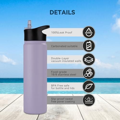 Edelstahl Trinkflasche - 1L - mit Strohhalm, BPA frei Thermosflasche,Vakuum Doppelwandisolierung für Sport,Schule und Fa