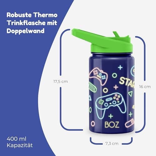 BOZ Isolierte Wasserflasche für Kinder | Edelstahl, doppelwandig, 414 ml | Praktisch und bequem mit Strohhalm-Deckel