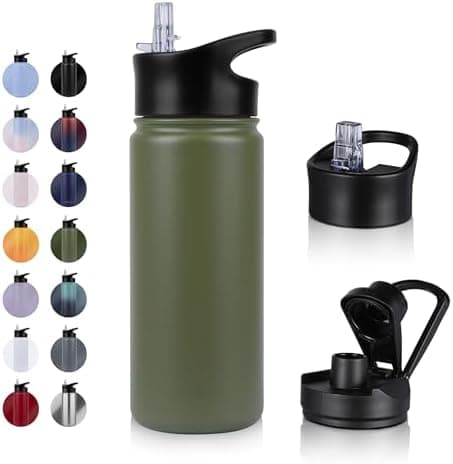 Edelstahl Trinkflasche - 1L - mit Strohhalm, BPA frei Thermosflasche,Vakuum Doppelwandisolierung für Sport,Schule und Fa