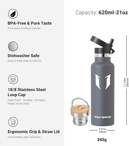 Super Sparrow Trinkflasche Edelstahl - Auslaufsicher Thermoskanne - Kinder für Sprudel, Sport, Schule, Fitness - 500ml -