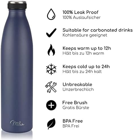 Milu Edelstahl Trinkflasche für Erwachsene – 750ml Isolierflasche zum Tragen – auslaufsicher, Kohlensäuregerecht inkl. R