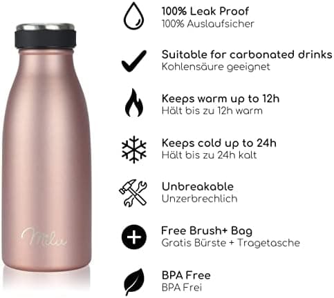 Milu Edelstahl Trinkflasche für Erwachsene – 750ml Isolierflasche zum Tragen – auslaufsicher, Kohlensäuregerecht inkl. R