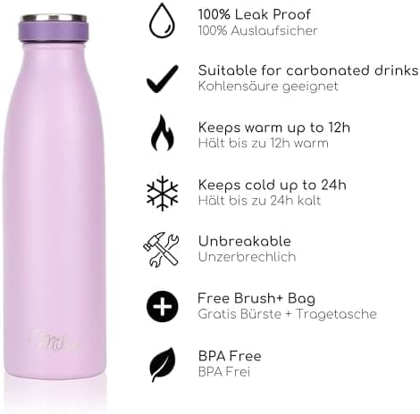 Milu Edelstahl Trinkflasche für Erwachsene – 750ml Isolierflasche zum Tragen – auslaufsicher, Kohlensäuregerecht inkl. R