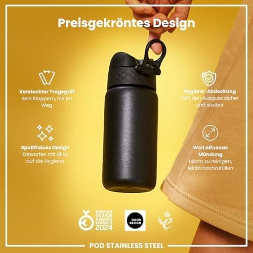 ion8 Kinder Trinkflasche Edelstahl 400ml Nicht Isoliert Sichere Verriegelung Spülmaschinenfest Klappdeckel Leicht zu Rei