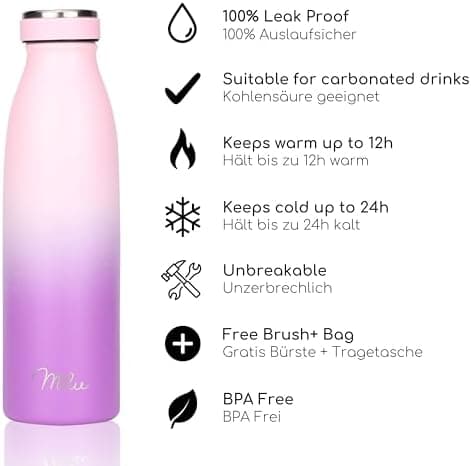 Milu Edelstahl Trinkflasche für Erwachsene – 750ml Isolierflasche zum Tragen – auslaufsicher, Kohlensäuregerecht inkl. R