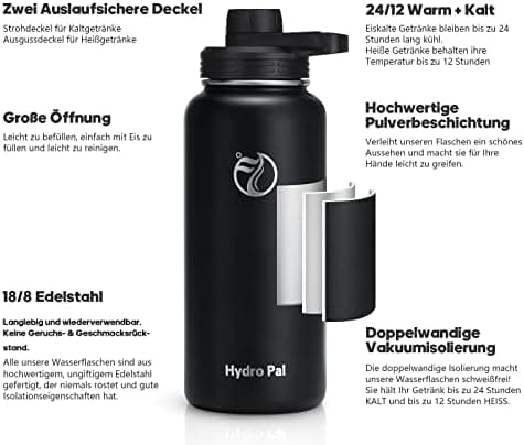 HydroPal Edelstahl Trinkflasche - Isolierte Flasche mit Strohhalm & 2 Deckeln, Auslaufsichere Isolierung für Sport, 500m