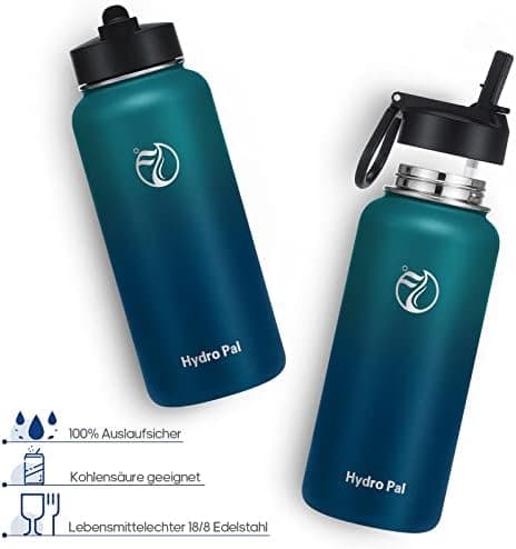 HydroPal Edelstahl Trinkflasche - Isolierte Flasche mit Strohhalm & 2 Deckeln, Auslaufsichere Isolierung für Sport, 500m