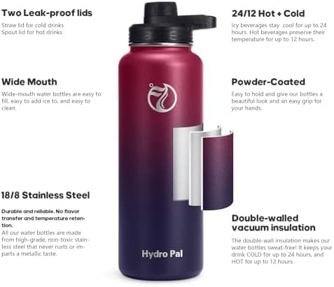 HydroPal Edelstahl Trinkflasche - Isolierte Flasche mit Strohhalm & 2 Deckeln, Auslaufsichere Isolierung für Sport, 500m