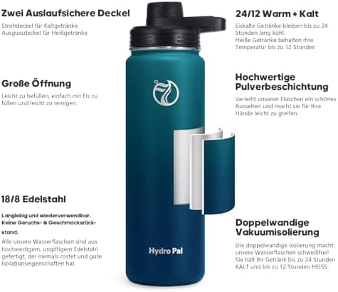HydroPal Edelstahl Trinkflasche - Isolierte Flasche mit Strohhalm & 2 Deckeln, Auslaufsichere Isolierung für Sport, 500m