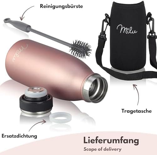 Milu Edelstahl Trinkflasche für Erwachsene – 750ml Isolierflasche zum Tragen – auslaufsicher, Kohlensäuregerecht inkl. R