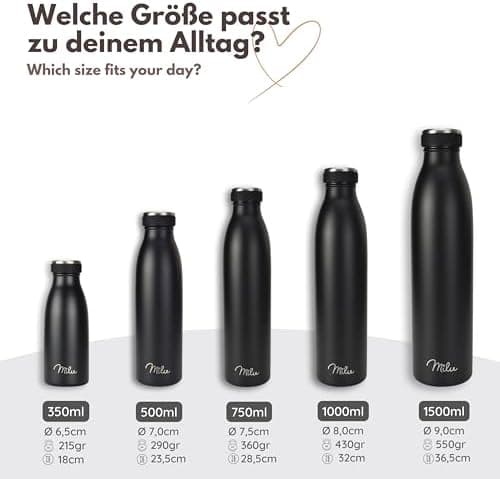 Milu Edelstahl Trinkflasche für Erwachsene – 750ml Isolierflasche zum Tragen – auslaufsicher, Kohlensäuregerecht inkl. R