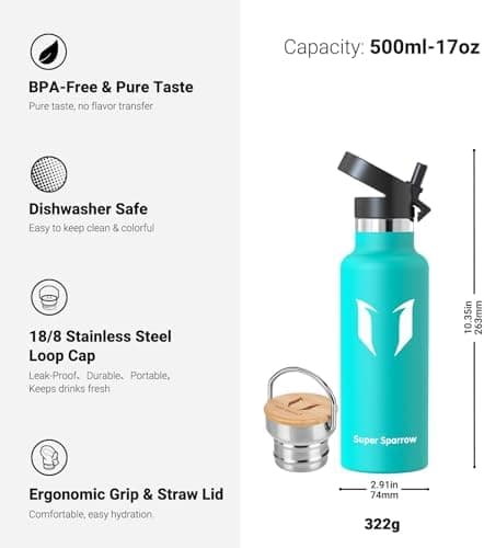 Super Sparrow Trinkflasche Edelstahl - Auslaufsicher Thermoskanne - Kinder für Sprudel, Sport, Schule, Fitness - 500ml -