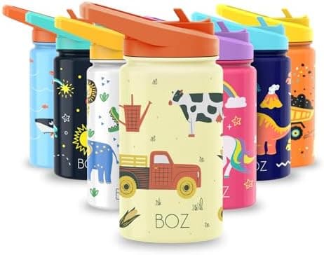 BOZ Isolierte Wasserflasche für Kinder | Edelstahl, doppelwandig, 414 ml | Praktisch und bequem mit Strohhalm-Deckel