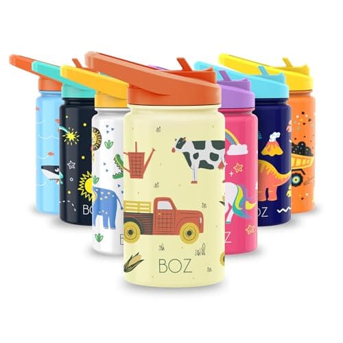BOZ Isolierte Wasserflasche für Kinder | Edelstahl, doppelwandig, 414 ml | Praktisch und bequem mit Strohhalm-Deckel