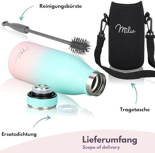 Milu Edelstahl Trinkflasche für Erwachsene – 750ml Isolierflasche zum Tragen – auslaufsicher, Kohlensäuregerecht inkl. R