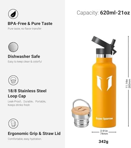 Super Sparrow Trinkflasche Edelstahl - Auslaufsicher Thermoskanne - Kinder für Sprudel, Sport, Schule, Fitness - 500ml -