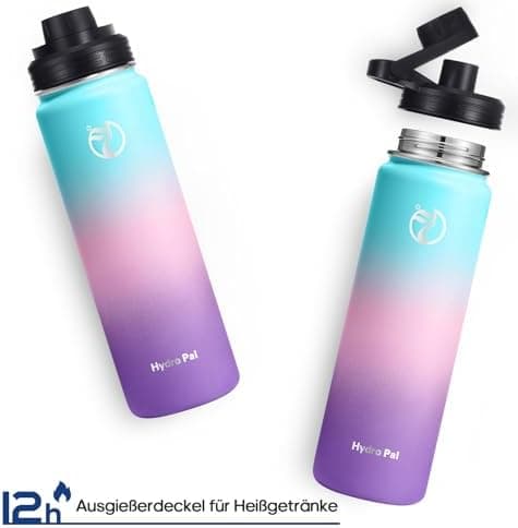 HydroPal Edelstahl Trinkflasche - Isolierte Flasche mit Strohhalm & 2 Deckeln, Auslaufsichere Isolierung für Sport, 500m