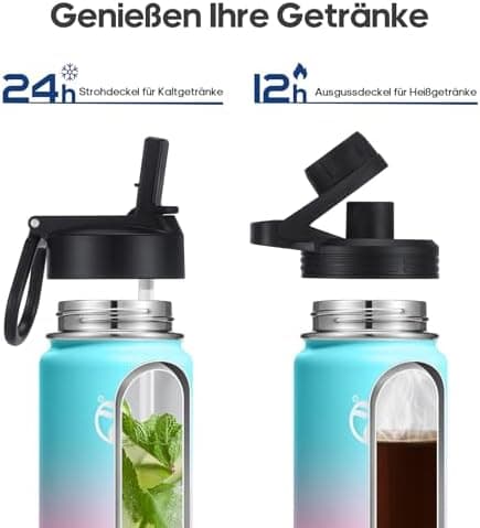 HydroPal Edelstahl Trinkflasche - Isolierte Flasche mit Strohhalm & 2 Deckeln, Auslaufsichere Isolierung für Sport, 500m