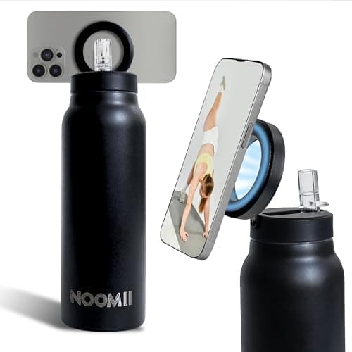 NooMii Edelstahl Trinkflasche – 800ml Wasserflasche mit magnetischem Deckel & Strohhalm - Ideal für Büro & Sport (Schwar