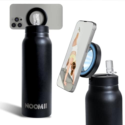 NooMii Edelstahl Trinkflasche – 800ml Wasserflasche mit magnetischem Deckel & Strohhalm - Ideal für Büro & Sport (Schwar