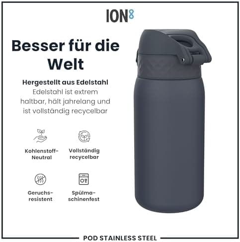 ion8 Kinder Trinkflasche Edelstahl 400ml Nicht Isoliert Sichere Verriegelung Spülmaschinenfest Klappdeckel Leicht zu Rei