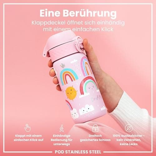 ION8 Kinder Trinkflasche Edelstahl Leicht 400ml Spülmaschinenfest Sichere Verriegelung